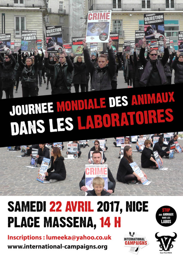 35ème happening abolitionniste STOP aux animaux dans les labos à NICE samedi 22 avril 2017.