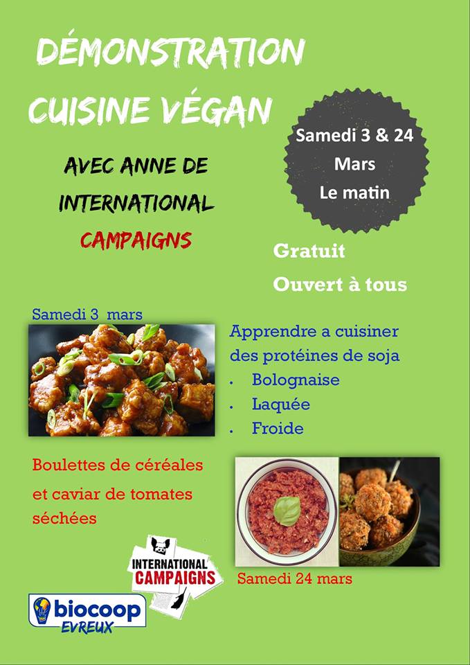 EVREUX – Biocoop – Démonstration Cuisine Vegan – Samedi 24 mars 2018